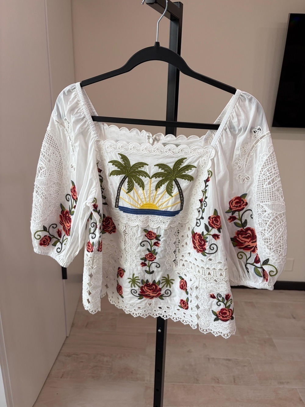 Farm Rio Off-White Tropi Scarf Embroidered Blouse - Picture 4 of 9